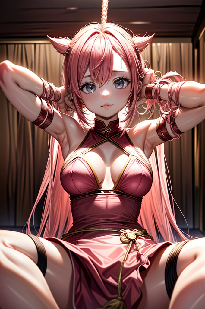 (Best Quality, 4K, 8K, hight resolution, masutepiece:1.2), Pink hair、bobhair、her breasts are beautiful and big。you are in the room、both wrists are tied(On a rope extending from the ceiling)。Raise your arms straight up。in a sitting position。Immobilization。Extend your elbows without bending them。a rope。