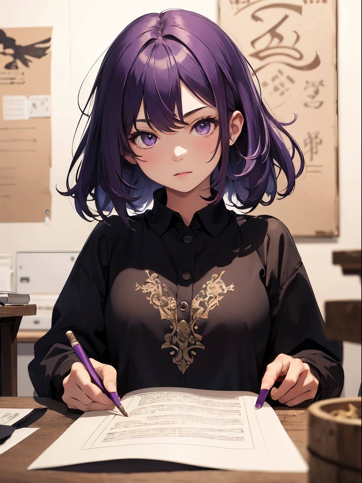 absurderes, hight resolution, ultra-detailliert, (1girl in:1.3), Design images featuring beautiful calligraphy, With expressive lettering, Gracious prosperity, And a sense of craftsmanship and skill、Purple hair