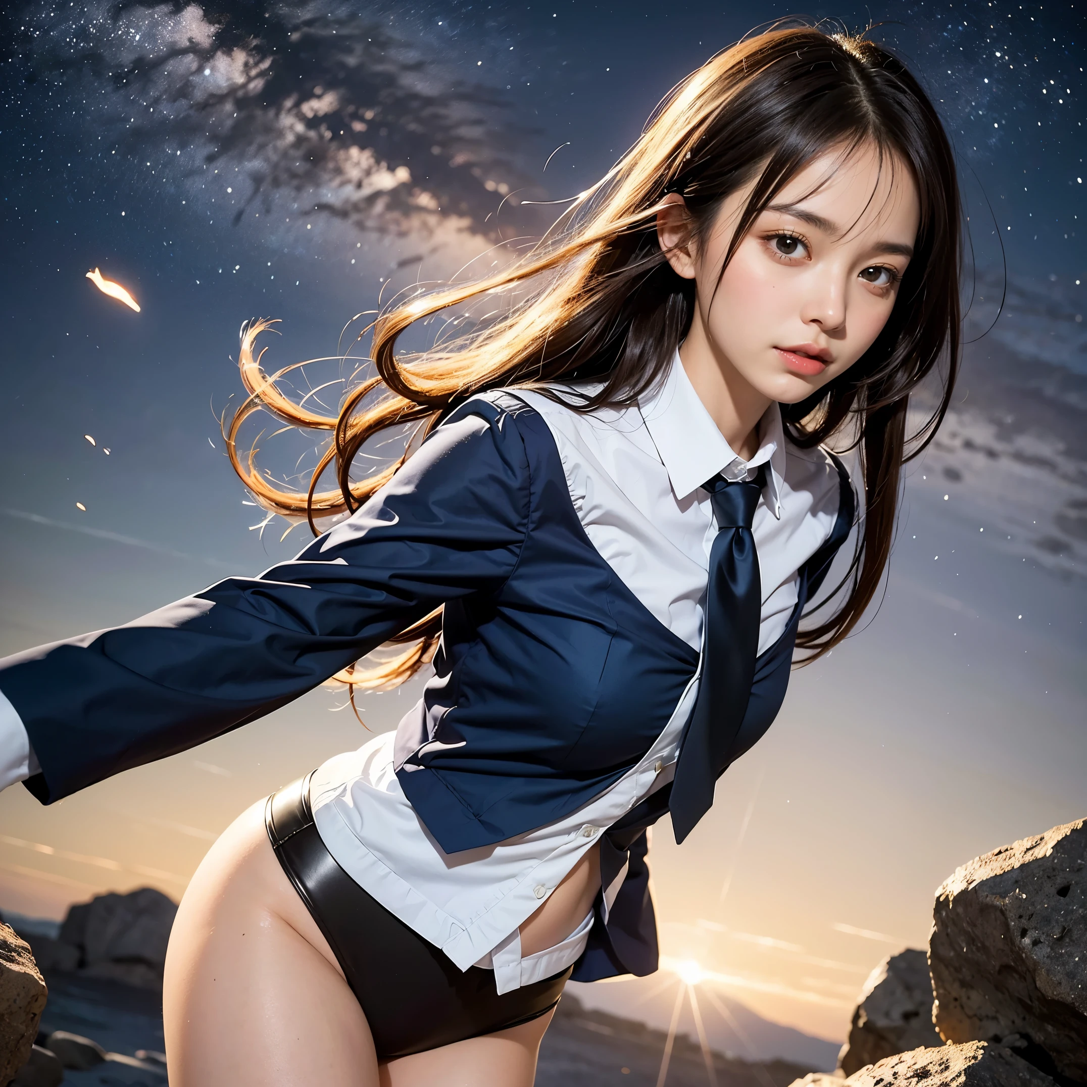 (masutepiece, Best Quality:1.2), 8K, Official art, Surprised expression、put one's hand over one's mouth、Wearing a suit、Gesture of removing tie、You can see the chest、Rough image of a girl in uniform holding a globe, official artwork, portrait anime space cadet girl, with earth, girl in space, Space High School, Space Girl, planetes, Trending on CGSTATION, 太陽系外planetes, Official art, Mar Planet, beautiful anime high school girl, sakimichan, planetesの隣に浮かぶ, in intergalactic japan、Five Fingers Photos&#39;Body of, full body Esbian、Suit Beauty、Big Dipper in the background、star explosion、A dark-hairedの美しい裸足の女性, hold a flame in your right hand、tie a tie with your right hand、Turn your face up、looking-down、cool expression、明るい溶岩の光が小planetes帯の下から壊れた地球の上に昇る(Jagged rock rocks and fragments shot into the air:1.3) (Storm of windy dust debris:1.1) Volume fogmist by trace Z、It can allow bright light from below to pass through、 (​masterpiece) (top-quality) (detaileds) (8K) (电影灯光) (foco nítido) (Convoluted)A dark-haired、14years、small tits、A delightful、A smile、unbelievable Ridiculous, (a beauty girl, Pretty Face, arching back down, Gold hair ornament on hair、wearing a suits、close up, Wearing a suit, Short sleeve, gardenia, violaceaess, spaces , Looking at Viewer, Film grain, chromatic abberation, オッパイfoco nítido, face lights, Dynamic lighting, Cinematic lighting, detailedsな目と顔, (Gray tie、1 copy:1.2)