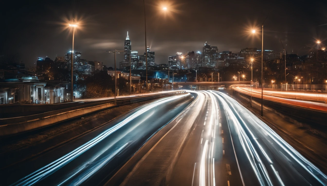 a long exposure shot of a bokeh cityscape background, with circle lights streaking across the frame, creating a beautiful and mesmerizing light trail effect, adding a sense of movement and energy to the design