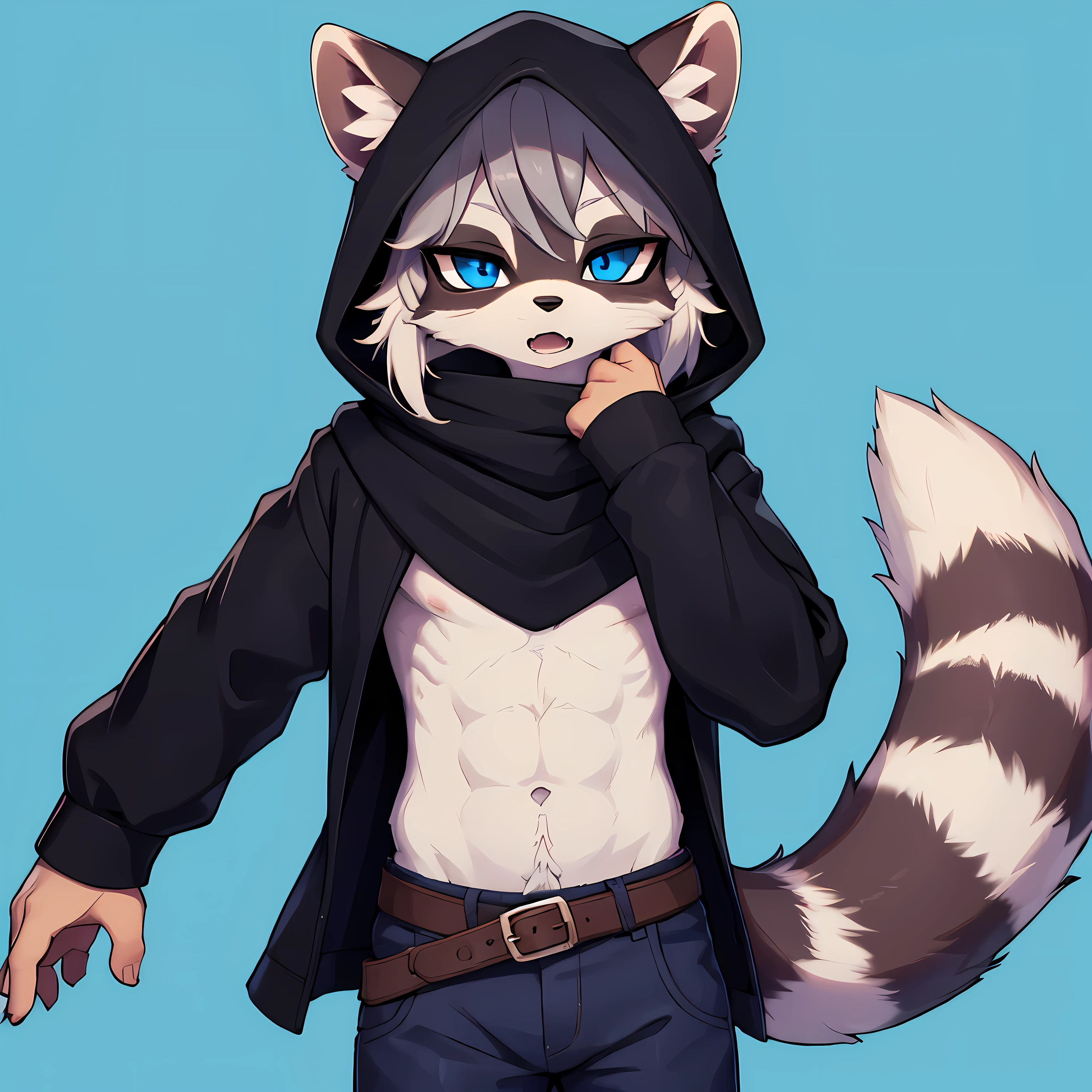 (masterpiece), best quality, expressive eyes, perfect face, 1boy, solo, (racoon, furry, kemono, fur skin), burglar, messy hair, blue eyes BREAK black hood BREAK pants, upper body, standing, blue background, :o