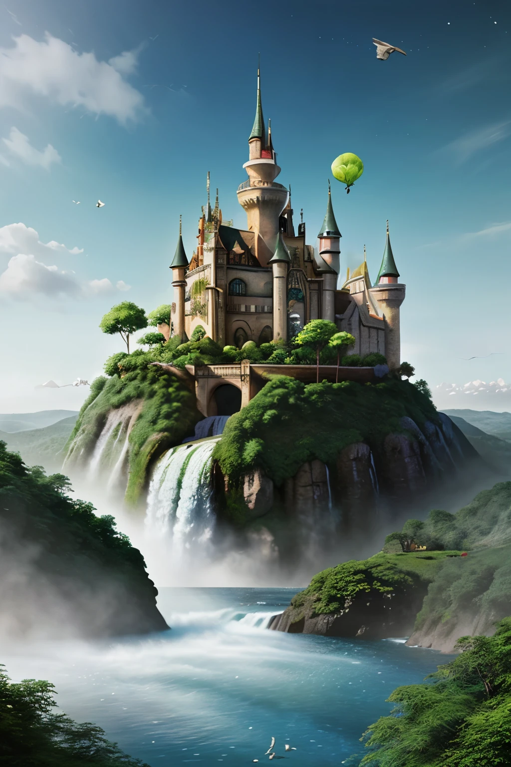Exquisite und detaillierte Zeichnung, Tall and complex fairytale castle on a flying island above the sea, lots of plants and lots of birds, waterfalls, bunte Galaxien im Himmel, Luftballons, phantasievoll, sonnig, reich, stilvoll, opulent, Highly detailed, mystisch, skurill, 3D, Escher style, Pulp Art, (Meisterwerk: 1.2), best qulaity, highest resolution