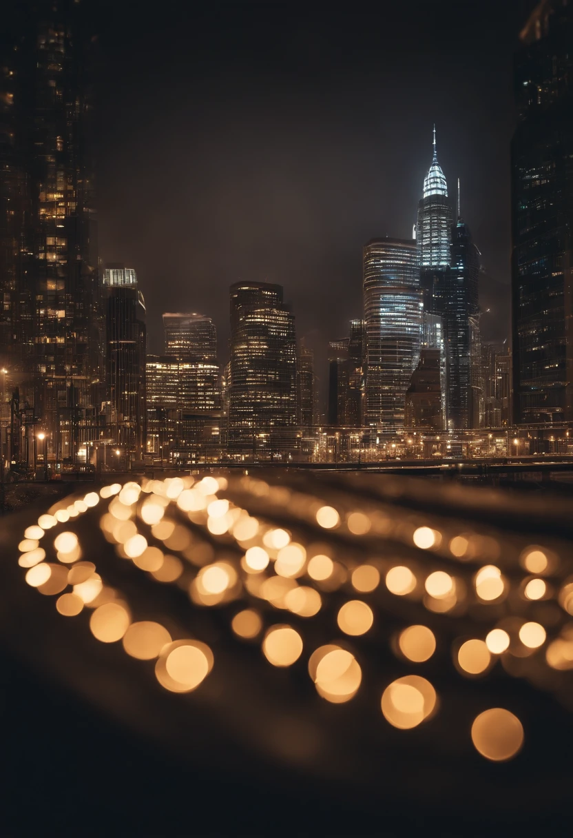 a creative shot of a bokeh cityscape background, with circle lights integrated into a larger graphic element, such as a logo or typography, creating a visually unique and eye-catching design
