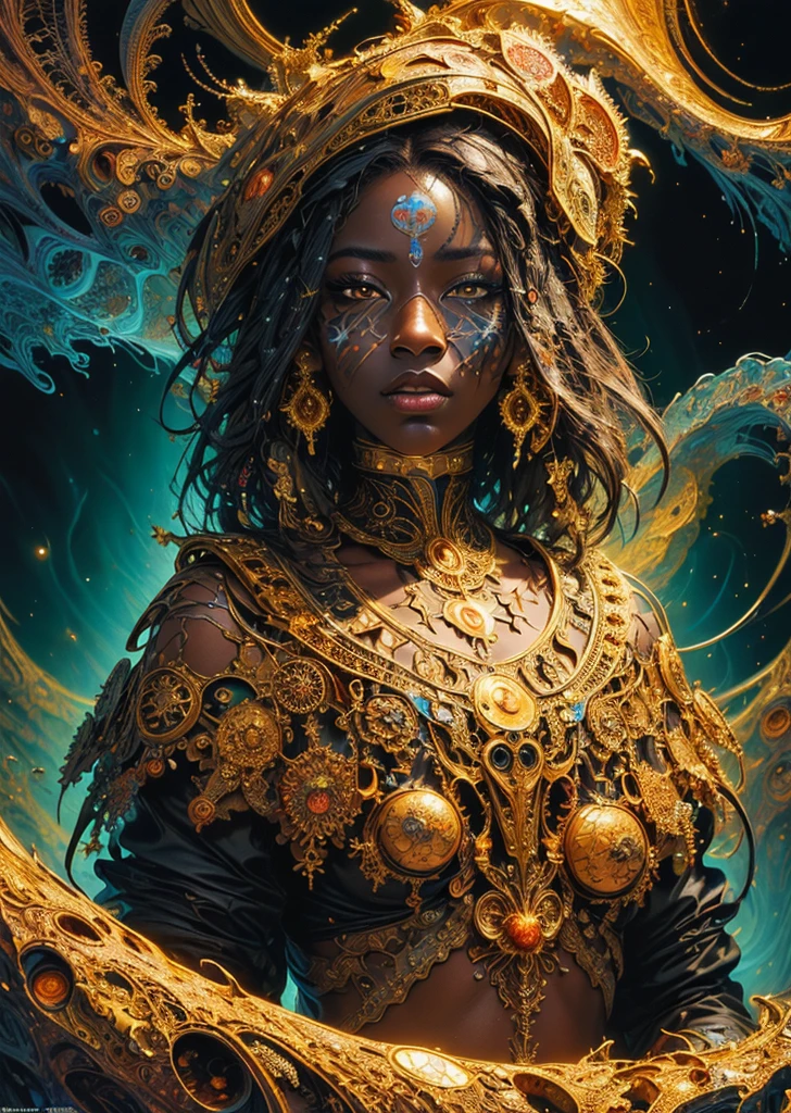 (masterpiece, top quality, best quality, official art, beautiful and aesthetic:1.2), (1girl:1.3), extreme detailed,(fractal art:1.3),colorful,highest detailed, (very dark skin), (golden lips, black eyes), (light painting :1.3), (auto-destructive art :1.3)