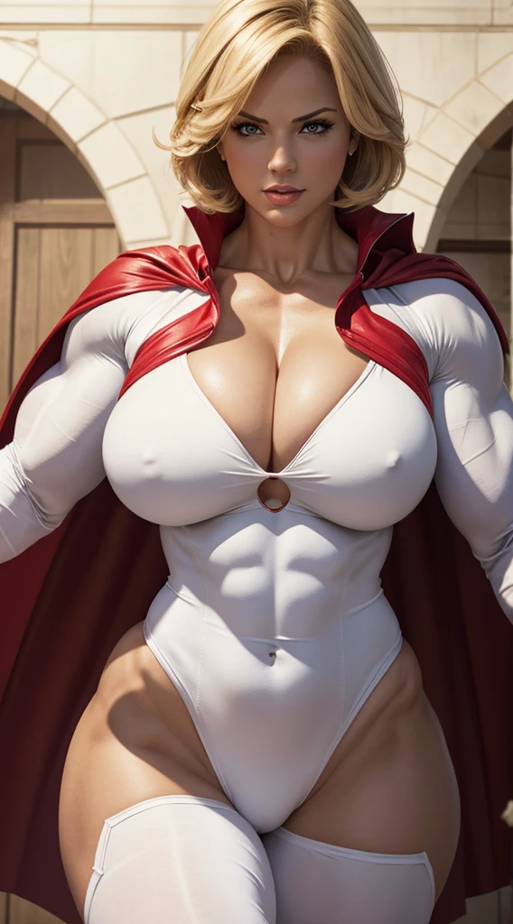 Wallpaper busty muscular DC comics Powergirl, strong biceps, strong abs, hyper muscular bodybuilder, enormous breasts, round tits, classic white costume and red cape and cleavage