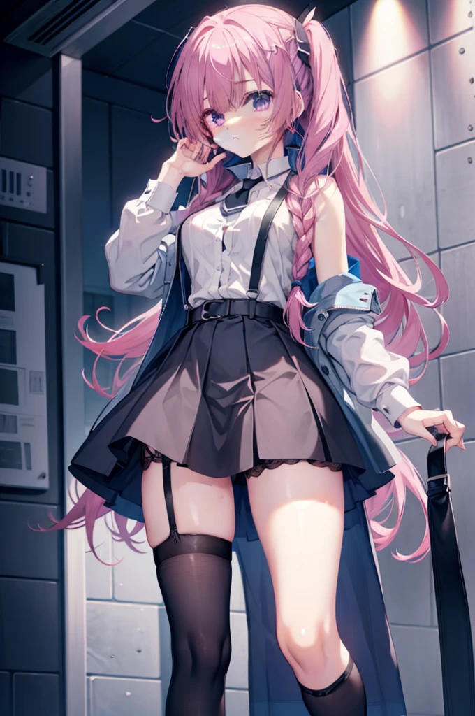 Black skirt, suspenders, blue hairlue color eyes, Garter belt on the legs, Tight clothes,a belt,Armpit sweat,Tight look,Mitsukasa Ayase