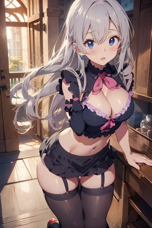 silver hair, (pink ruffled sleevless blouse with blue bow, black short skirt, thigh-high black stocking on right leg), collar, blue eyes, little clothing, exposed skin, bra, navel, ((cute innocent face, open mouth, allure)), [[playful]]], [[[bedroom]]], front-view, [[Leaning forwards]], head down, butt up, arched back, provocative position, cleavage, sexy, arousing, realistic, ((perfect symmetrical body)), (slim hip), soft light, dawn light)), bloom, 1girl, super model body, very slim body, thin, super model body, ultra-detailed CG, 8k, high detailed, realistic, solo, intricate details),