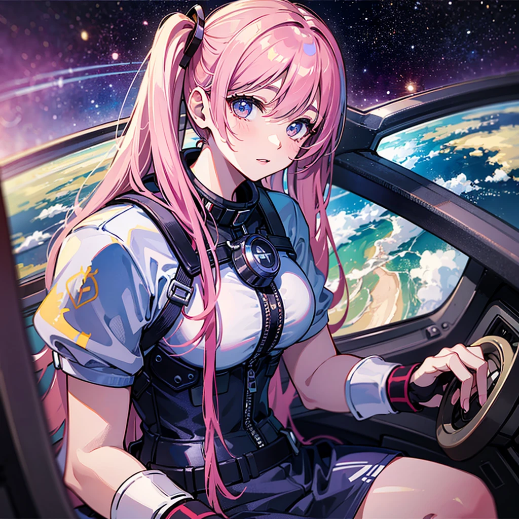 (((masterpiece、Top image quality、top-quality、highly detailed unity 8kwall-paper)))、((Illustration of one adult))、((25-years old))、(pilot)、(((Beautiful girl with a beautiful face、The body is a man)))、(((Twintails with pink hair)))、Light gray eyes、((Tall))、((Muscular strong man's body、solid chest、muscular chest plate、abdominals、muscular and thick arms、muscular and thick legs))、(((白いpilotスーツ)))、((manspreading、Sitting in the cockpit))、((space fighter cockpit、The Universe on the Monitor、Earth seen from space))