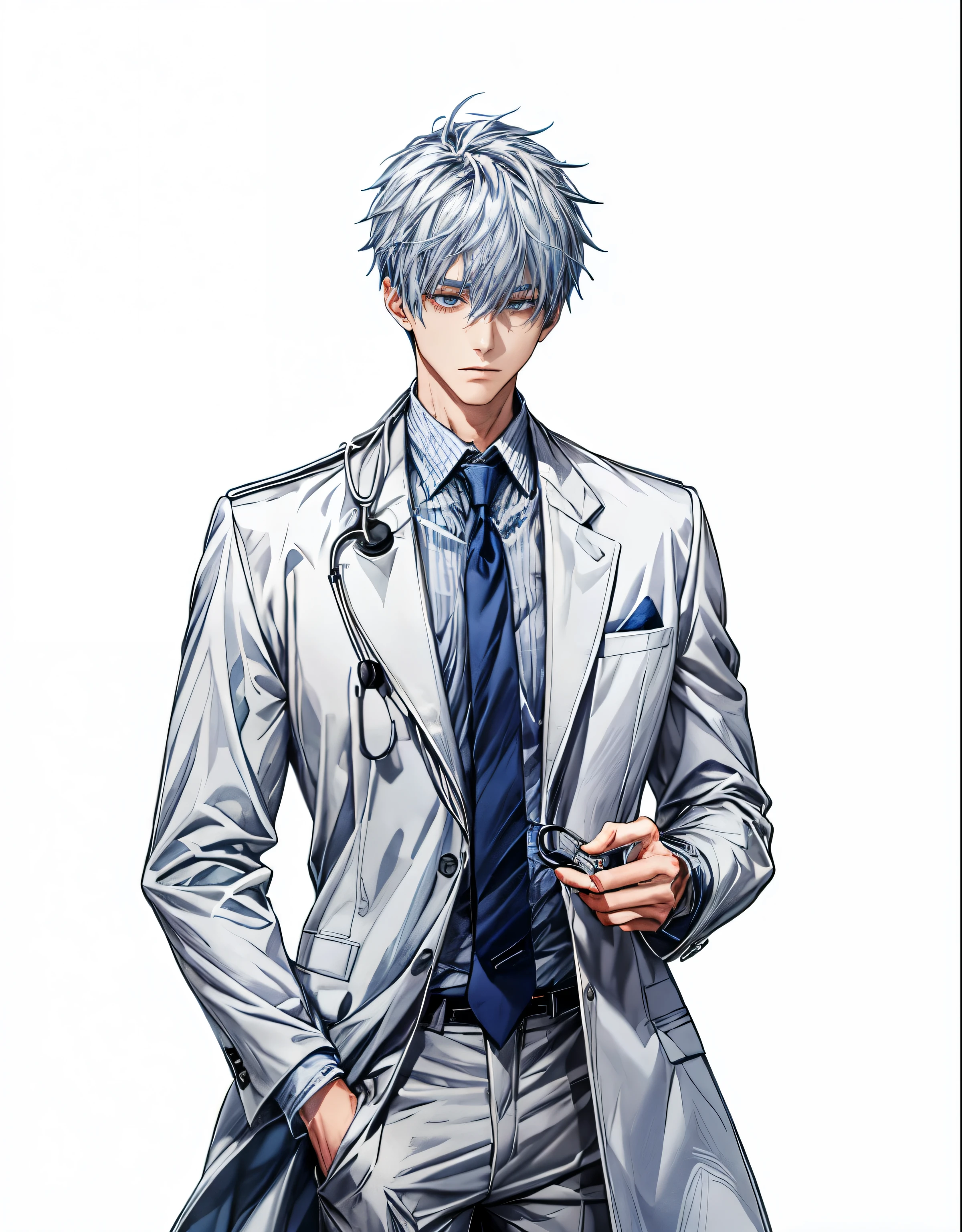 Young person，grey blue Hair，Alone，Manteau blanc，Inside is a blue shirt，Dark blue tie，stethoscope hanging on shoulder，Gray suit pants