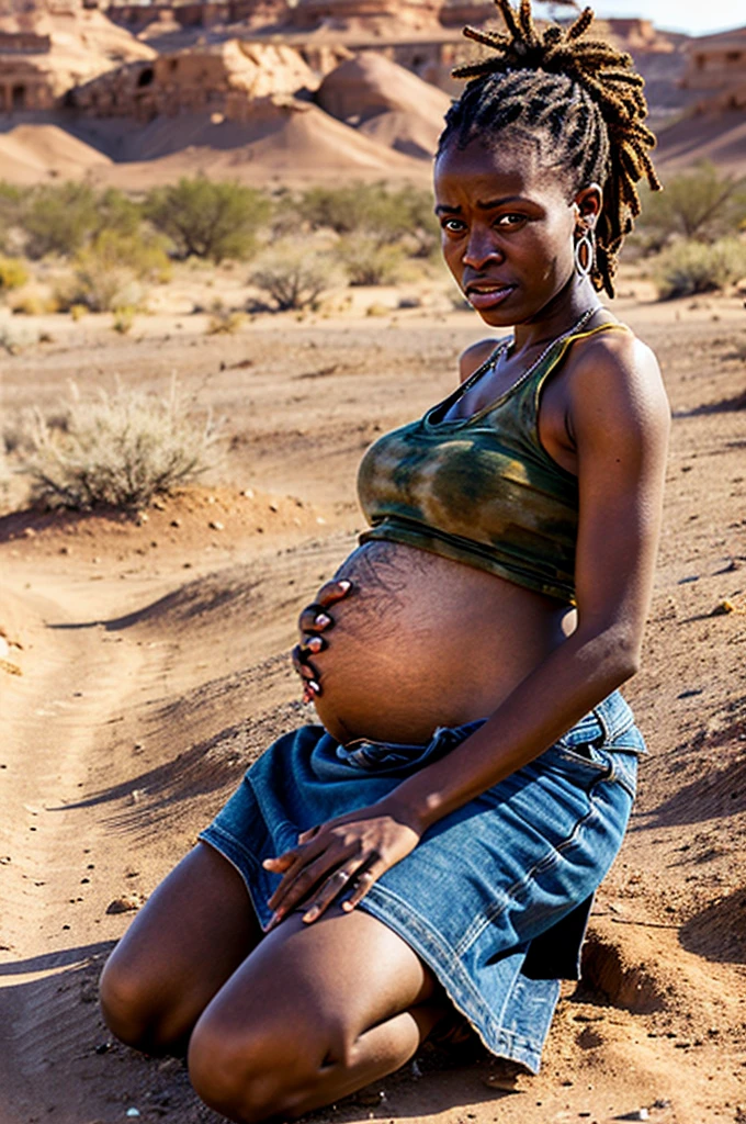 Top quality, photorealistic, 1girl, pregnant african young woman kneeling on dirty, tanktop, skirt, desert landscape, trash all around, ((crying desperate)), subdued, dreadlocks, ((showing belly and bellybutton)), nice brown eyes