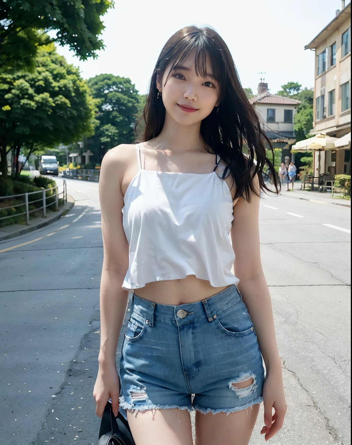 Woman posing on street corner、top-quality、女の子 1 a person、middlebreast、tag、with light glowing、blur backgroun、bokeh dof、outside of house、(Street:0.8)、(a person々、Large crowds:1、A slender、Sleeveless、White camisole、Watching the viewer、Denim Belly Shorts、Damage pants、a gorgeous(Fluffy shoulder-length hair、Forehead:0.8)、Beautiful sky with details、耳Nipple Ring、A slender、Sareme、 (above knee)、Soft lighting、the wind、glowy skin、A smile、The wind is blowing、