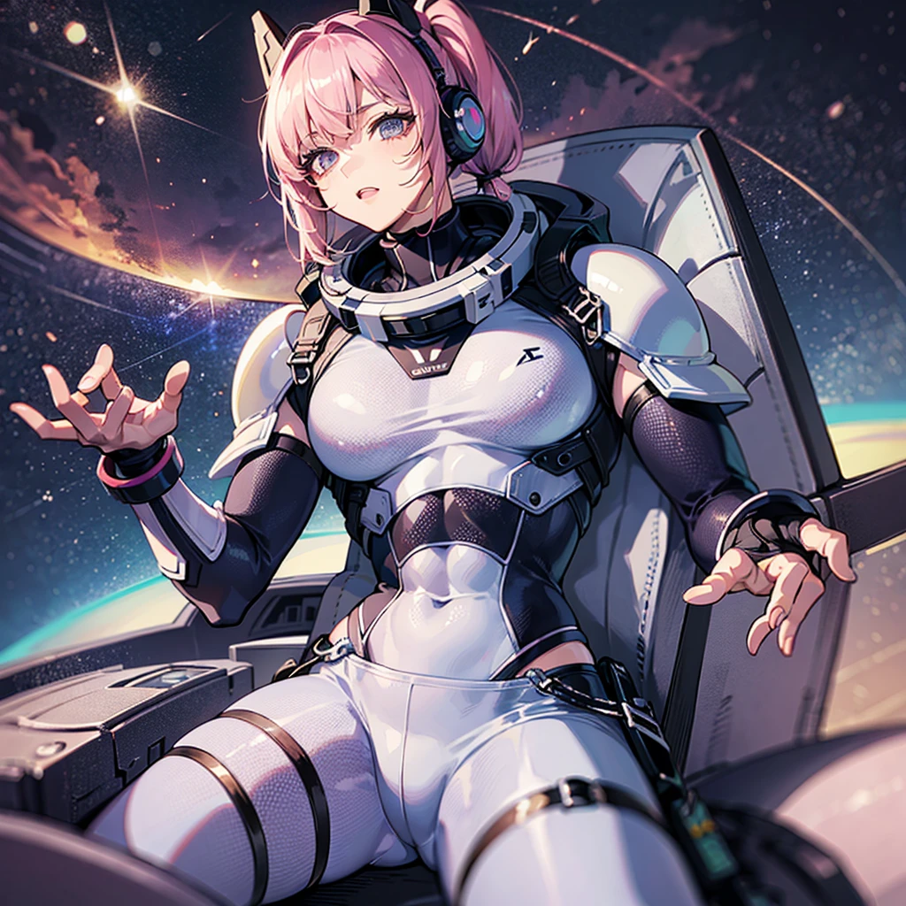 ((Masterpiece)), ((Highest image quality)), (Highest image quality)), (((Illustration of one adult)), Full body, (((25 years old)), (Face is female, Body is male)), (Pink hair twintails)), Light gray eyes, (((Tall)), ((Flat)), (Small breasts), (Muscular strong man's body)), (Muscular strong man's body)), (Muscular chest plate)), Abs, (( Muscular and thick arms)), (((muscular and thick legs)), ((manspreading)), open legs, ((white pilot suit)), ((in the cockpit)), (space on the monitor, Earth seen from space, spaceport)