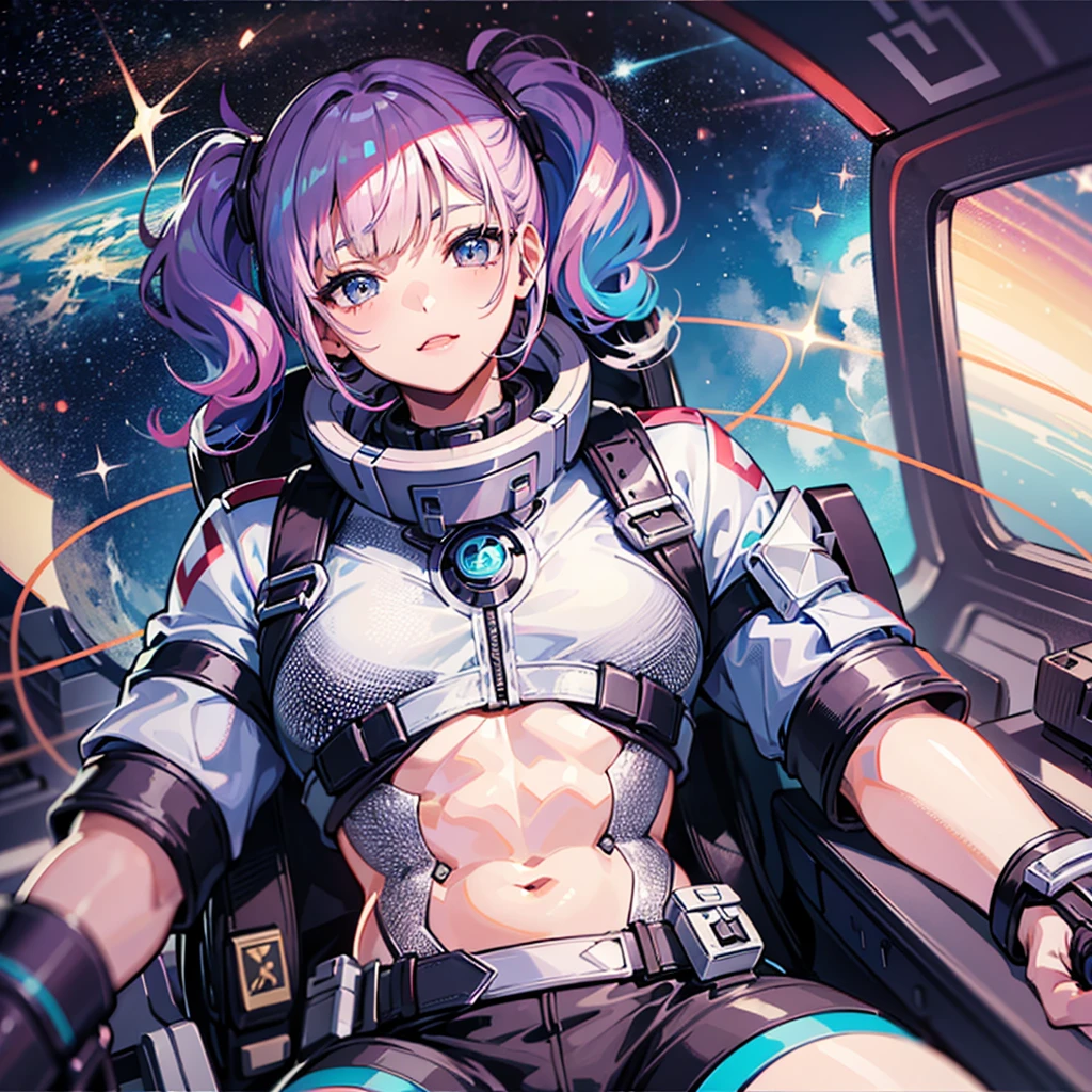 (((masterpiece、Top image quality、top-quality、highly detailed unity 8kwall-paper)))、((Illustration of one adult))、((25-years old))、(pilot)、(((Beautiful girl with a beautiful face、The body is a man)))、(((Twintails with pink hair)))、Light gray eyes、((Tall))、((Muscular strong man's body))、((Muscular strong man's body、solid chest、muscular chest plate、abdominals、muscular and thick arms、muscular and thick legs))、(((白いpilotスーツ)))、((manspreading、Sitting in the cockpit))、((space fighter cockpit、The Universe on the Monitor、Earth seen from space))