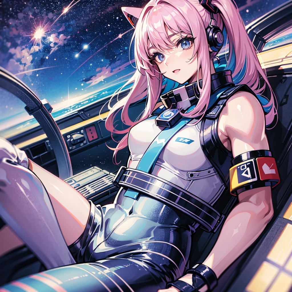 (((masterpiece、Top image quality、top-quality、highly detailed unity 8kwall-paper)))、((Illustration of one adult))、((25-years old))、(pilot)、(((Beautiful girl with a beautiful face、The body is a man)))、(((Twintails with pink hair)))、Light gray eyes、((Tall))、((Muscular strong man's body))、((Muscular strong man's body、solid chest、muscular chest plate、abdominals、muscular and thick arms、muscular and thick legs))、(((白いpilotスーツ)))、((manspreading、Sitting in the cockpit))、((space fighter cockpit、The Universe on the Monitor、Earth seen from space))