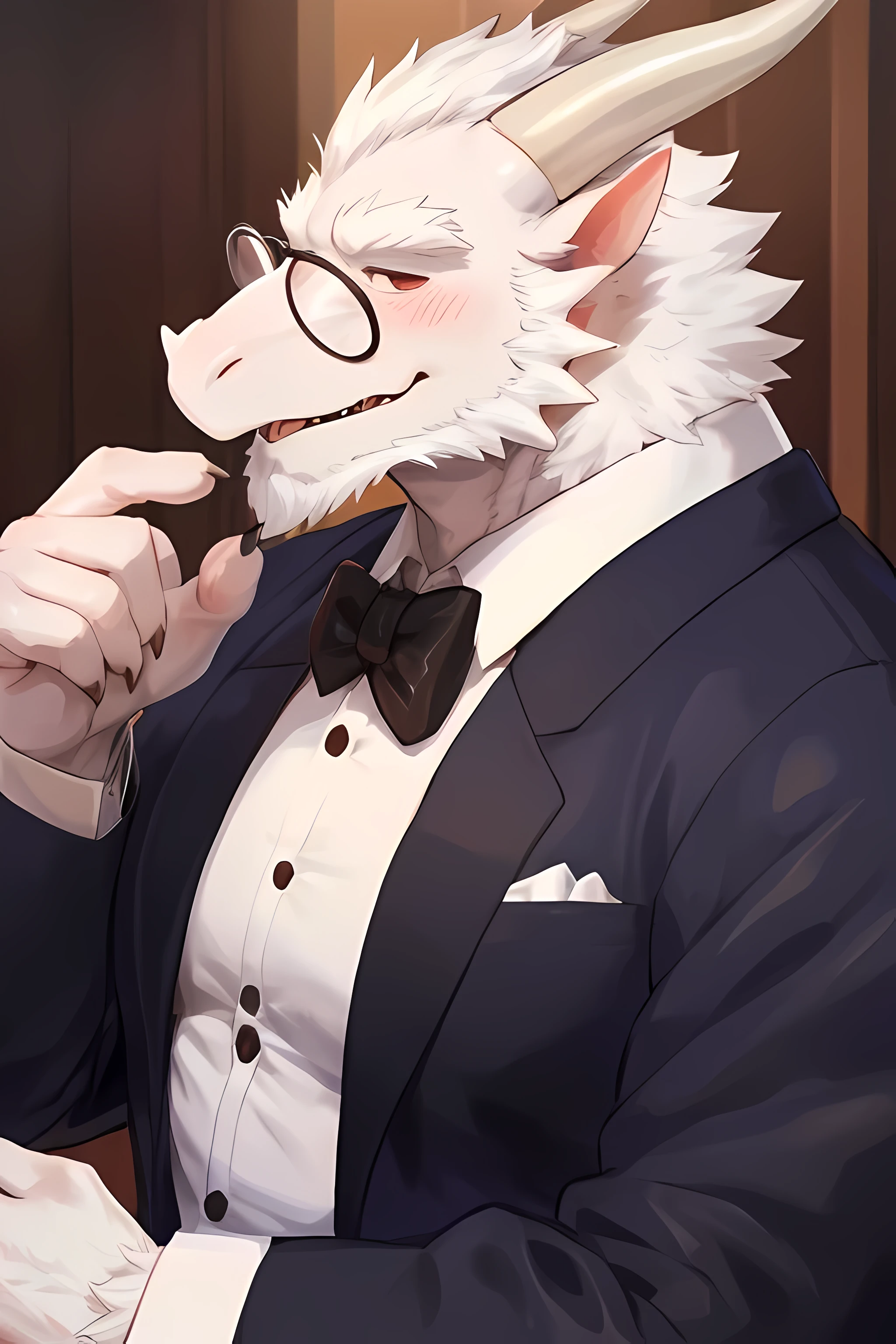 (masterpiece, best quality:1.2), man, solo, 1 dragon, dragon, fur dragon, white dragon, white fur body, fur body, white fur, white fur dragon, ears, white ears, big ears, fur ears, ears drooped back, hairy ears, bara, fluffy fur, fur body, big horn, 2 horn, bara, muscle, dilf, old man, old, grandpa, really old man, (about 70 years old), huge, tall, daddy, leg, tail , bangs, white beard, beard above mouth, looking pleasured, sexually, small bulge, shirt, tie, pants, sexy pose, SFW, long white hair, hairy, (male anthro dragon:1.3), (white body:1.1), huge pecs, by syuro, look at view, bare, detail hands, butler, butler clothes, very detail, look at view, first person view, wearing glasses, side view, claw, by bebebebebe