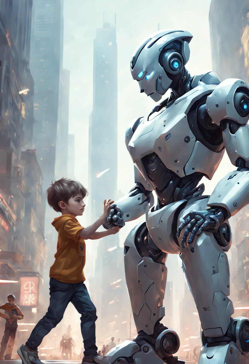 a robot playing with a boy, by Artgerm, enhance, intricate, (best quality, masterpiece, Representative work, official art, Professional, unity 8k wallpaper:1.3)