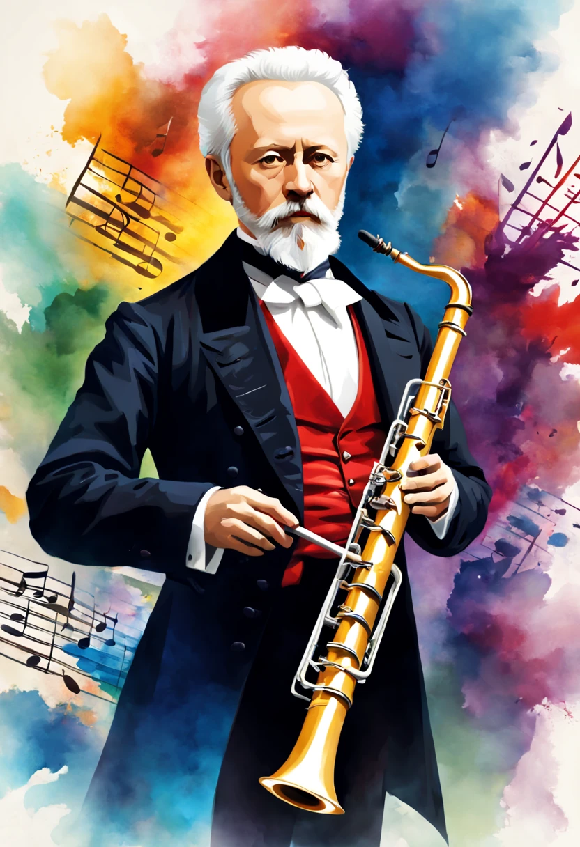 Create an impactful visual representation of Pyotr Tchaikovsky , the legendary classical composer, tocando  flauta. Capture the essence of your musical genius and unique personality. View Tchaikovsky in an immersive setting, talvez em  meio a uma performance musical intensa em uma flauta. Use vibrant, contrasting colors to highlight your captivating presence. Certifique-se de que a imagem seja chamativa, expressiva e capaz de transmitir a grandiosidade do legado musical de Tchaikovsky. Be creative in composition, seeking to create a memorable visual representation of this classical music icon.