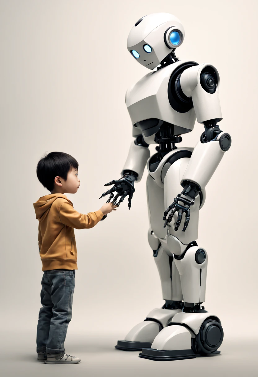 a robot playing with a boy, by Yoshitomo Nara, enhance, intricate, (best quality, masterpiece, Representative work, official art, Professional, unity 8k wallpaper:1.3)