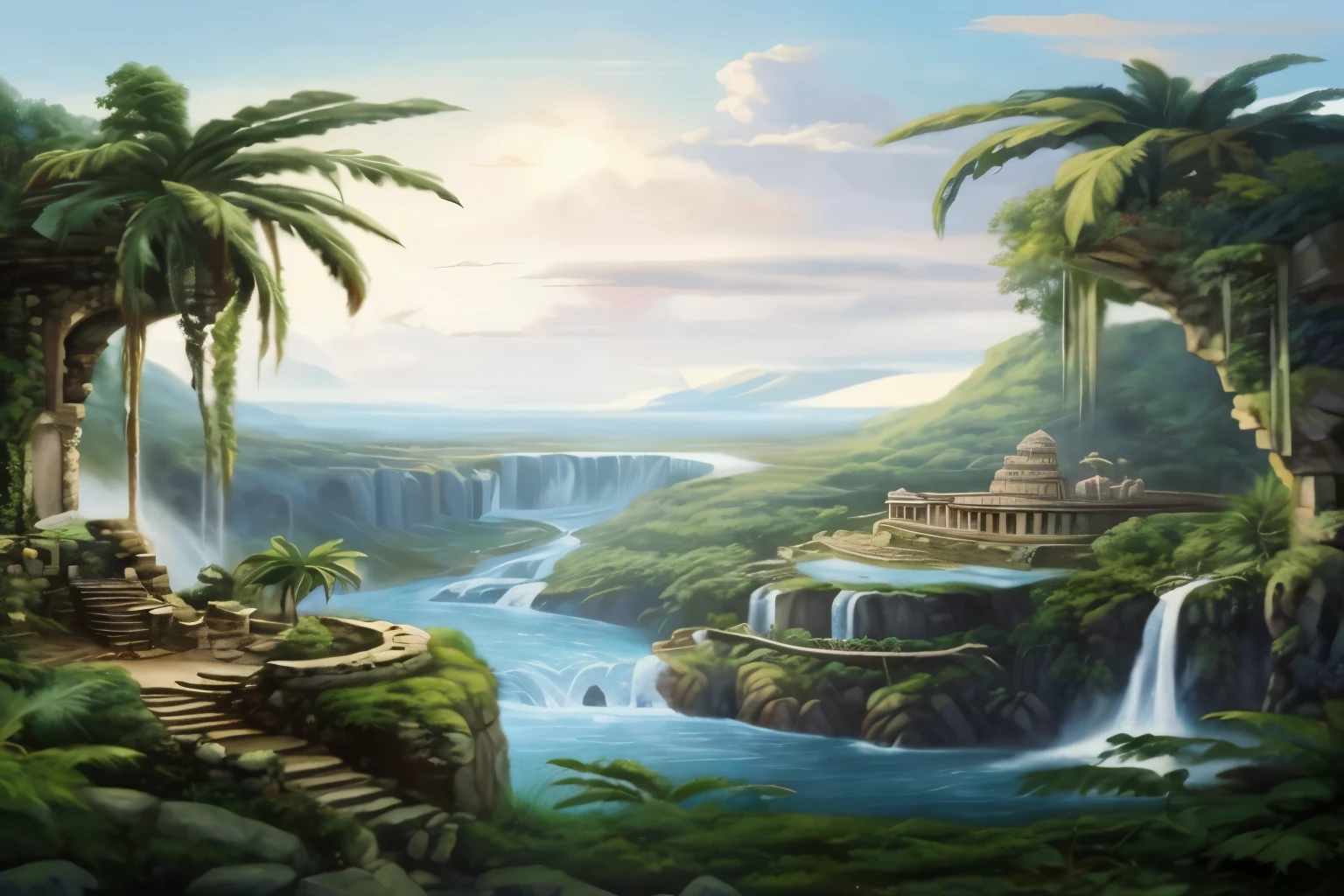 a painting of a waterfall and a waterfall surrounded by trees, selva de fantasia, ancient ruins and waterfalls, Fantasia pintura fosca, paisagem de arte de fantasia, breathtaking fantasy art, fantasy scenic, pintura fosca em estilo fantasia, paisagem da selva, fantasy scenery, illustration matte painting, Pintura realista de fantasia, Fantasia pintura fosca，fofo, Fantasia Pintura HD, Arte de fantasia 4k, fantasia altamente detalhada