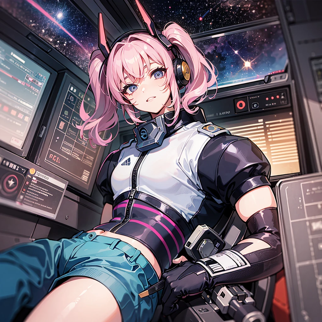 (((masterpiece、Highest image quality、highest quality、highly detailed unity 8kwallpaper)))、((Illustration of one adult))、((25 years old))、(pilot)、(((Beautiful girl with a beautiful face、The body is a man)))、(((Twintails with pink hair)))、Light gray eyes、((tall))、((Muscular strong man's body))、((Muscular strong man's body、solid chest、muscular chest plate、abdominals、muscular and thick arms、muscular and thick legs))、(((白いpilotスーツ)))、((manspreading、Sitting in the cockpit))、((space fighter cockpit、The Universe on the Monitor、Earth seen from space))