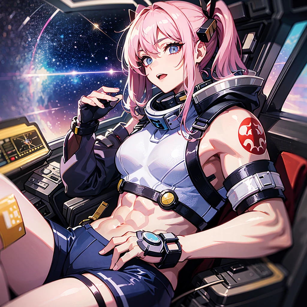 (((masterpiece、Top image quality、top-quality、highly detailed unity 8kwall-paper)))、((Illustration of one adult))、((25-years old))、(pilot)、(((Beautiful girl with a beautiful face、The body is a man)))、(((Twintails with pink hair)))、Light gray eyes、((Tall))、((Muscular strong man's body))、((Muscular strong man's body、solid chest、muscular chest plate、abdominals、muscular and thick arms、muscular and thick legs))、(((白いpilotスーツ)))、((manspreading、Sitting in the cockpit))、(space fighter cockpit、The Universe on the Monitor、Earth seen from space、Spaceport)