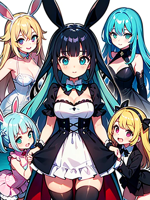 5 girls A and B and C and D and E, {{{A girl have (white hair) (white pink frill dress) white thighhighs}}}, {{B girl have (black hair) (black bunnysuit) (black thighhighs)}}, reaching out, C girl have (blonde hair), {{{D girl have (blue hair)}}}, {{E girl have (aqua hair)}}