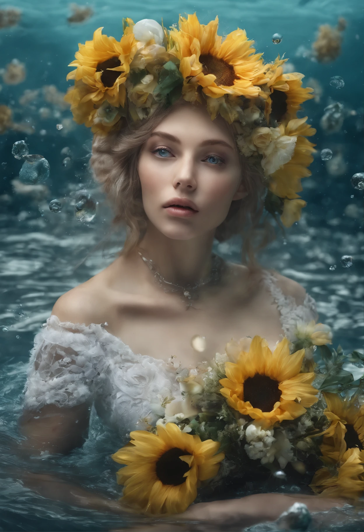 ukrainian woman in a dress that is in the water, closeup fantasy with water magic, fine art fashion photography, monia merlo, inspired by irakli nadar, inspired by Franz Xaver Winterhalter, with frozen flowers around her, inspired by Tatiana Hordiienko, jean-sebastien rossbach, karol bak uhd, vynok. ukrainan flower headband, sunflowers