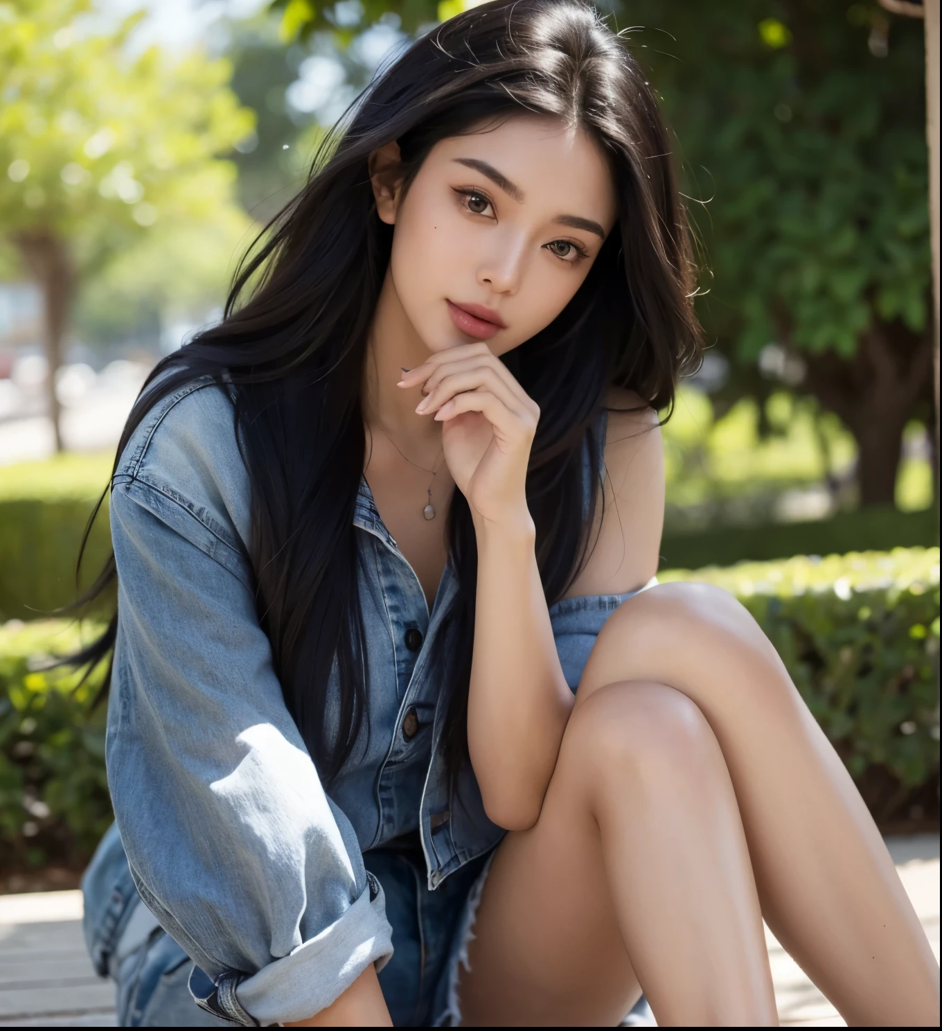 Uma linda mulher black hair com cabelos longos e negros, pele bronzeada e leves marcas de bronzeamento, vestindo um cropped e shorts jeans. The camera captures a close-up that highlights her natural beauty, enquanto ela desfruta de um dia ensolarado ao ar livre. Soft sunlight enhances your radiant appearance and relaxed outfit, it a vision of casual beauty.