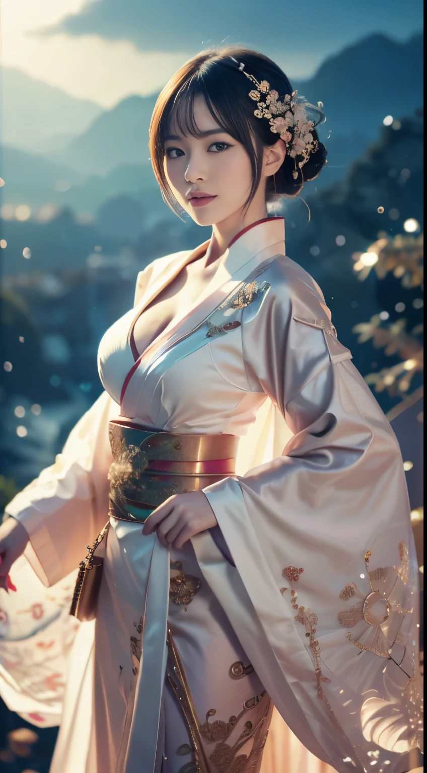 Detailed background, Cyberworld, Space Fantasy, elaborate costume{Luxury kimono(pale and coloured kimono(detailed embroidery,))}、(Japanese Idol(actress):1.2)(face perfect:1.2),Expressing a beautiful and elegant woman, Hairstyle Short Bob, Blur the background,((masutepiece)), ((Best Quality)),{{a portrait photo of}},full body Esbian、Faraway view,Like a corporate logo, Breast size is F cup, Dynamic angles, Angles from the air, Angle from below, 5 fingers