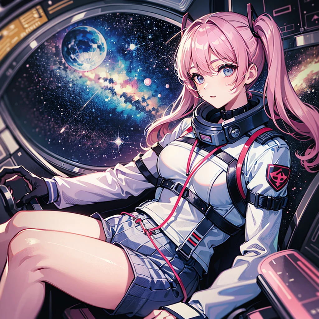 (((masterpiece、Top image quality、top-quality、highly detailed unity 8kwall-paper)))、((Illustration of one adult))、((25-years old))、(pilot)、(((Beautiful girl with a beautiful face、The body is a man)))、(((Twintails with pink hair)))、Light gray eyes、((Tall))、((Muscular strong man's body))、((Muscular strong man's body、solid chest、muscular chest plate、abdominals、muscular and thick arms、muscular and thick legs))、(((白いpilotスーツ)))、((manspreading、Sitting in the cockpit))、((space fighter cockpit、The Universe on the Monitor、Earth seen from space))