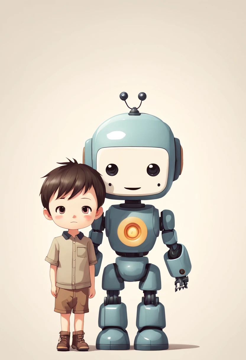 a cute robot with a boy, by Yoshitomo Nara, enhance, intricate, (best quality, masterpiece, Representative work, official art, Professional, unity 8k wallpaper:1.3)