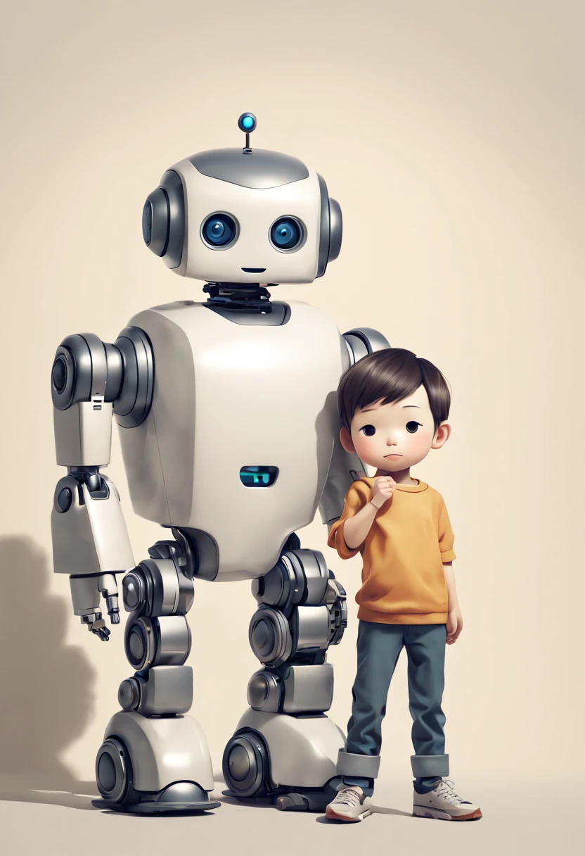 a cute robot with a boy, by Yoshitomo Nara, enhance, intricate, (best quality, masterpiece, Representative work, official art, Professional, unity 8k wallpaper:1.3)