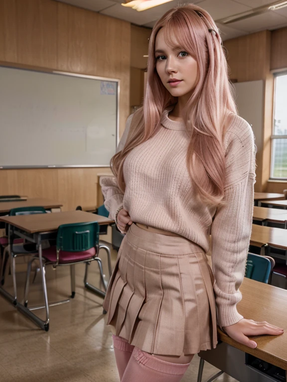 An 18-year-old girl with pink hair, blue eyes, and a full bust sits in a school bathroom, dressed in a uniform. The background features a dimly lit, tiled room with graffiti and dynamic energy. Pay close attention to capturing the finest details, from the texture and creases of the uniform to the girl's facial expressions and body language. Ensure a maximum level of realism and processing, with a vivid and contrasting color palette that highlights the girl's unique features and brings the scene to life.

