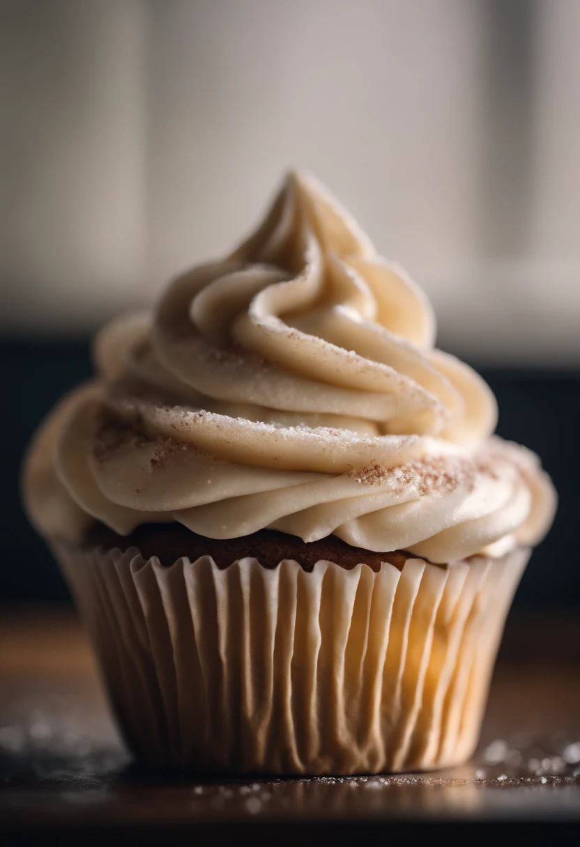Capture a detail shot of a perfectly frosted cupcake, showcasing the intricate piping work and decorative elements that make it a visually appealing and sweet snack