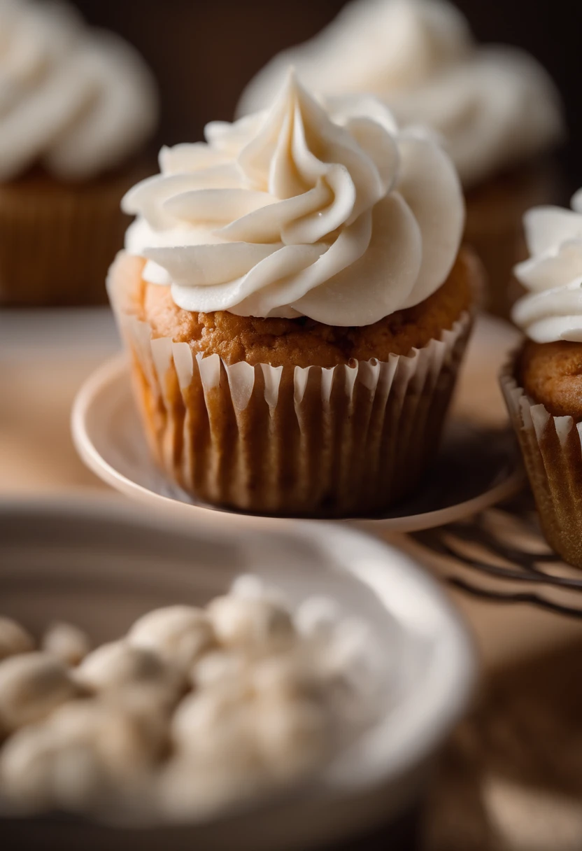 Capture a detail shot of a perfectly frosted cupcake, showcasing the intricate piping work and decorative elements that make it a visually appealing and sweet snack