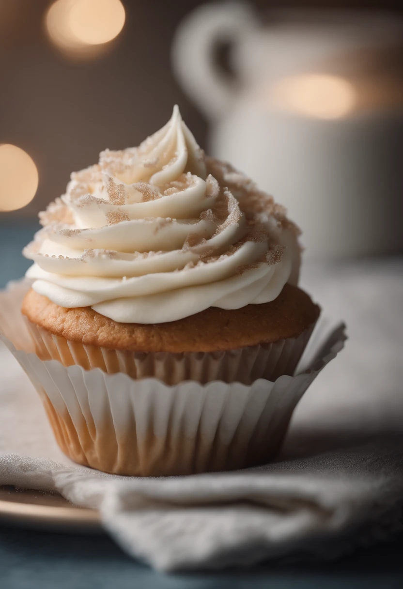 Capture a detail shot of a perfectly frosted cupcake, showcasing the intricate piping work and decorative elements that make it a visually appealing and sweet snack