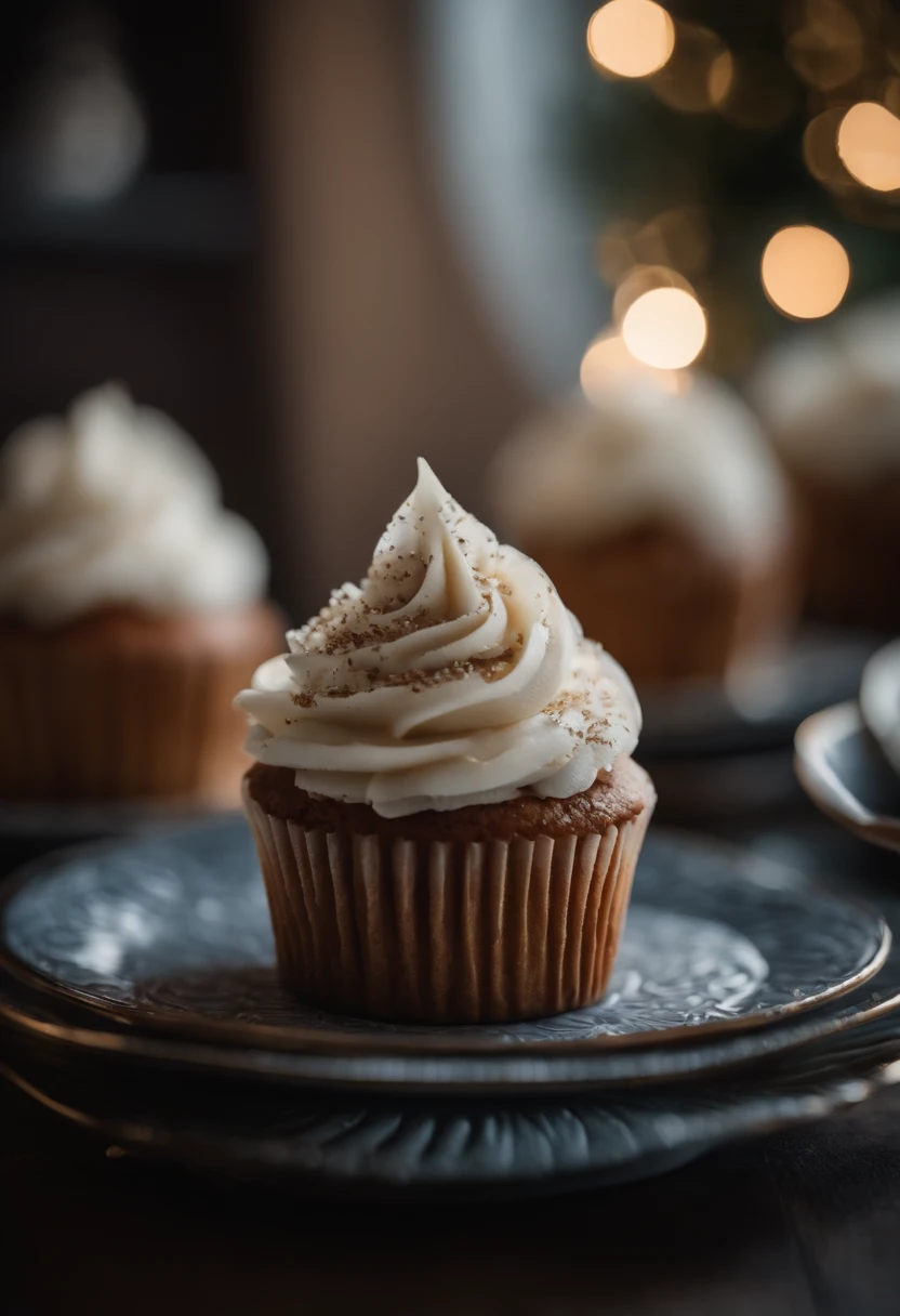 Capture a detail shot of a perfectly frosted cupcake, showcasing the intricate piping work and decorative elements that make it a visually appealing and sweet snack