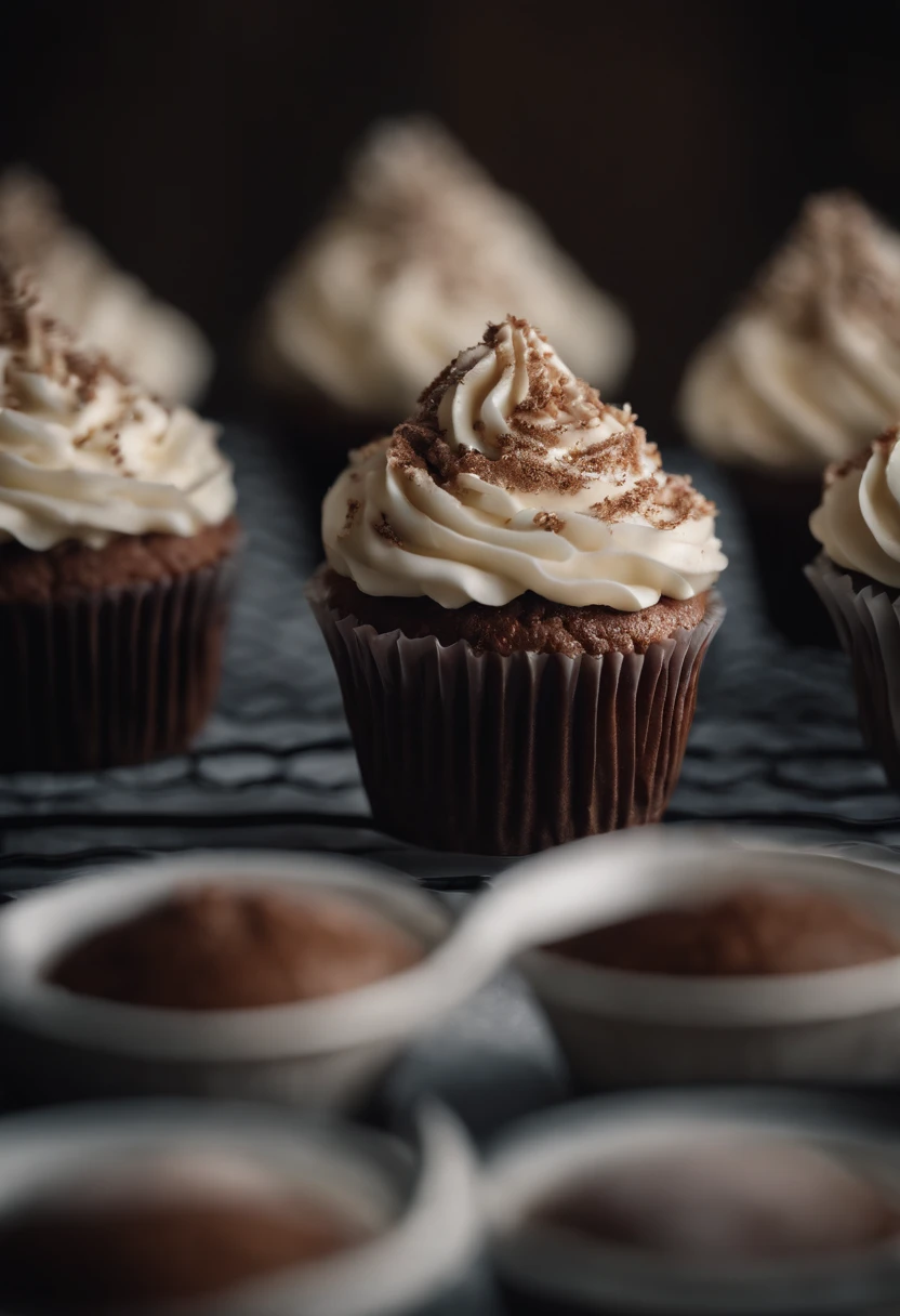 Capture a detail shot of a perfectly frosted cupcake, showcasing the intricate piping work and decorative elements that make it a visually appealing and sweet snack