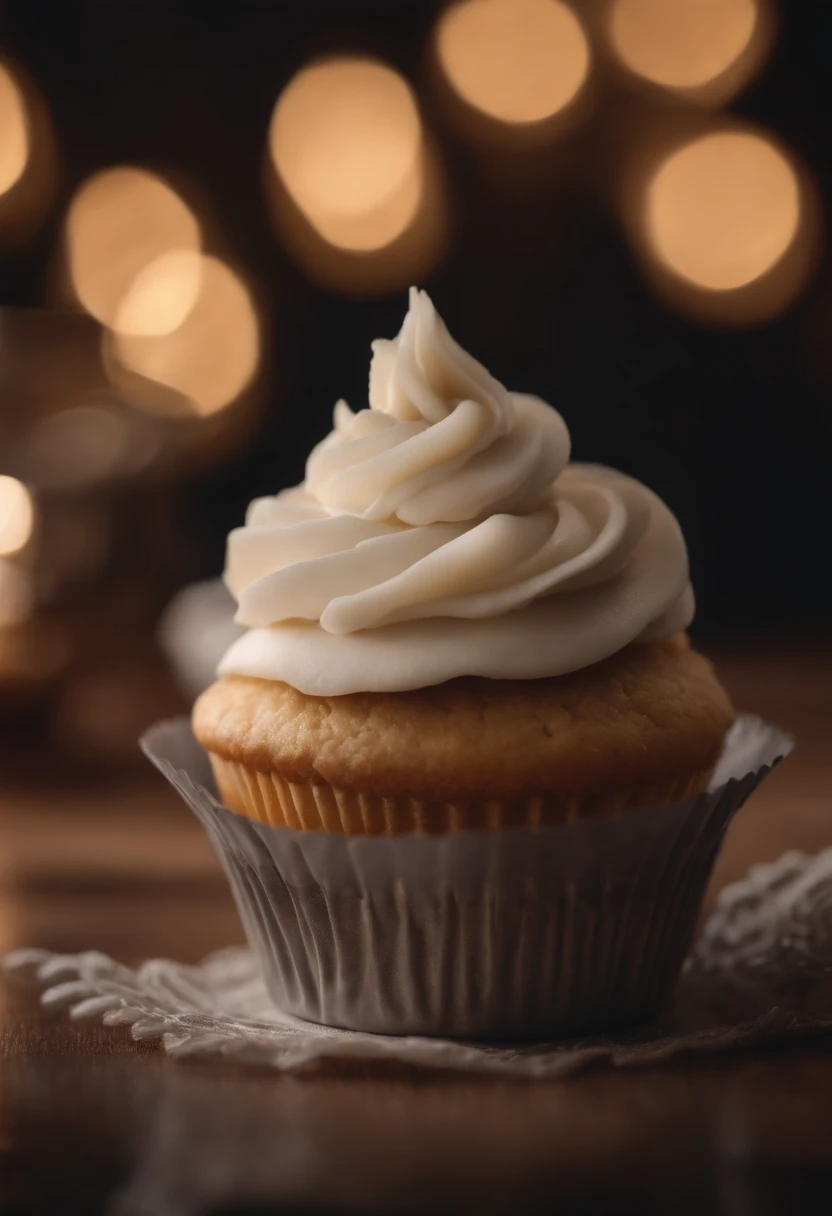 Capture a detail shot of a perfectly frosted cupcake, showcasing the intricate piping work and decorative elements that make it a visually appealing and sweet snack