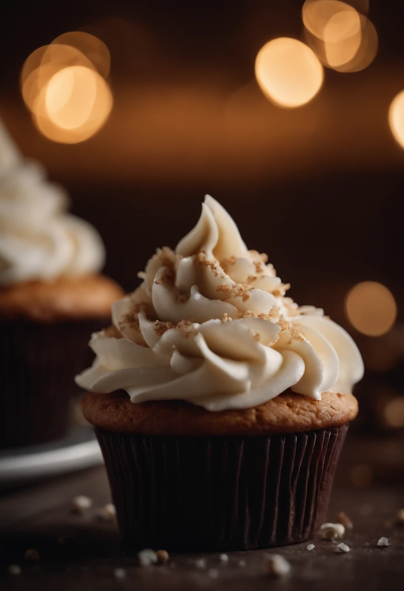 Capture a detail shot of a perfectly frosted cupcake, showcasing the intricate piping work and decorative elements that make it a visually appealing and sweet snack