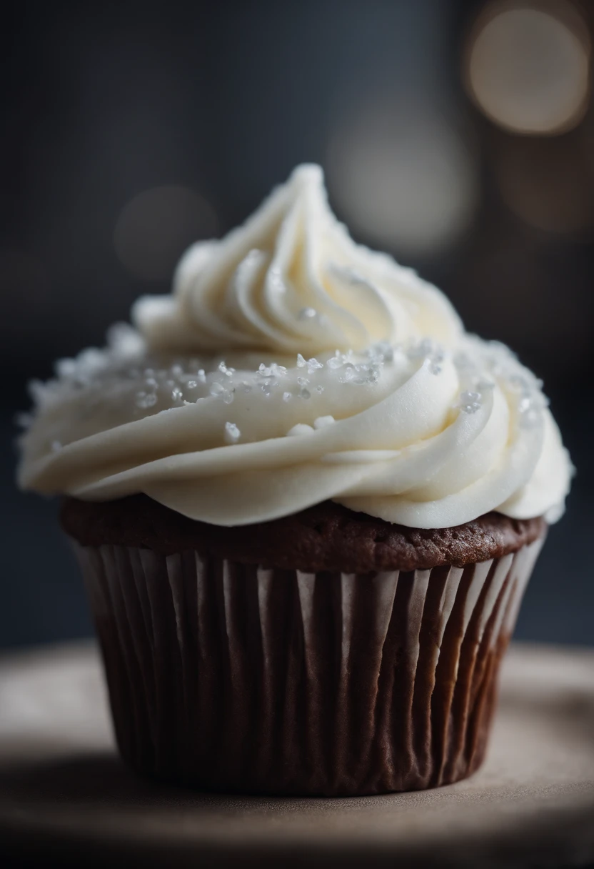 Capture a detail shot of a perfectly frosted cupcake, showcasing the intricate piping work and decorative elements that make it a visually appealing and sweet snack