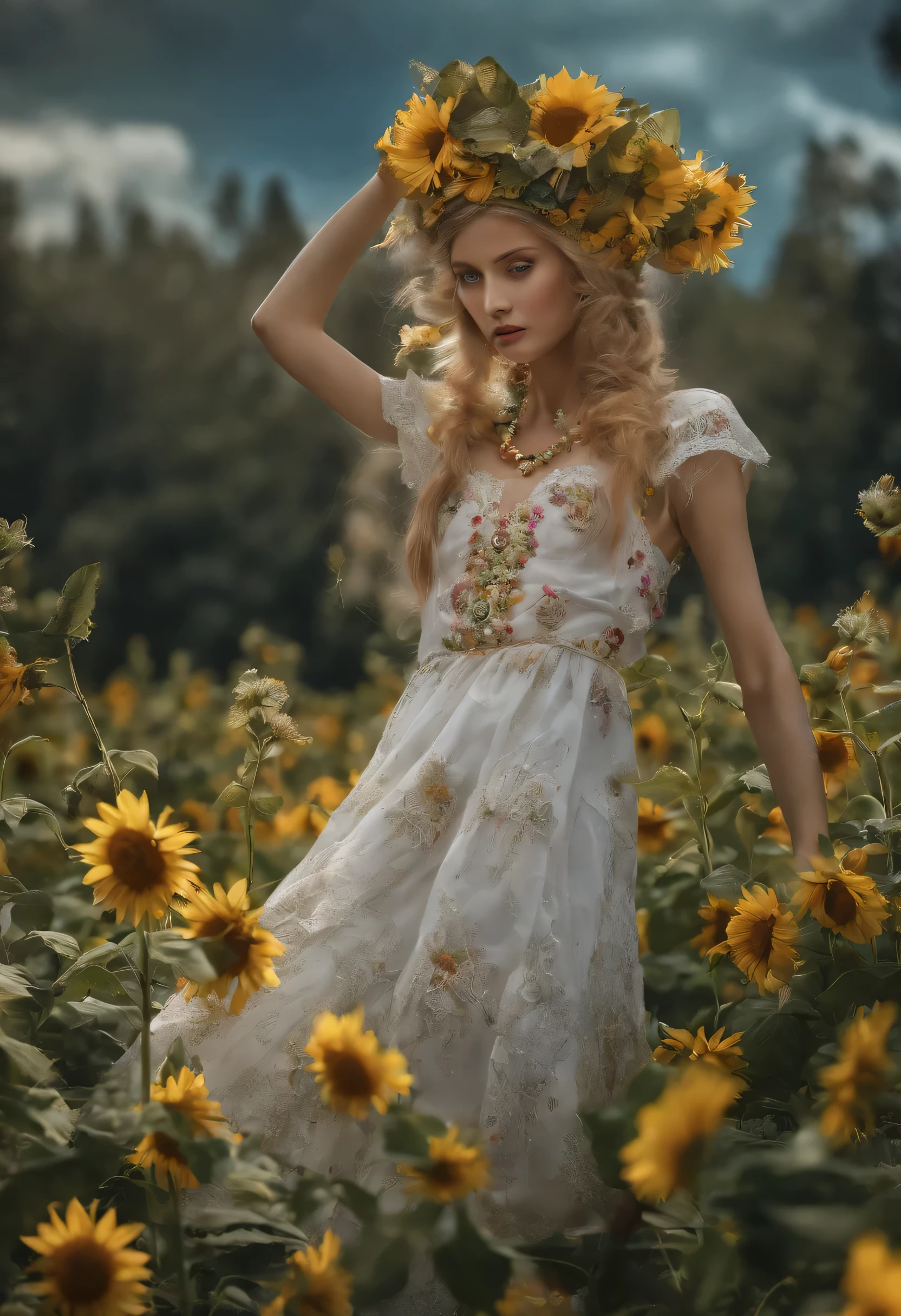 ukrainian woman in a dress that is in the water, closeup fantasy with water magic, fine art fashion photography, monia merlo, inspired by irakli nadar, inspired by Franz Xaver Winterhalter, with frozen flowers around her, inspired by Tatiana Hordiienko, jean-sebastien rossbach, karol bak uhd, vynok. ukrainan flower headband, sunflowers, vyshyvanka dress, pom-poms