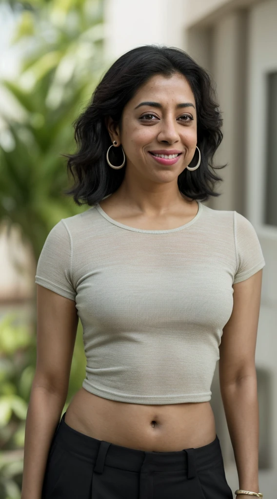 smiling woman with short messy black hair and earrings wearing a pink shirt and pants, this person does not exist, brown skin, petite body, diminutive, mixed-race woman, indian, puerto rican, african american, cambodian, stephanie beatriz-aaliyah-yuliya-sonoya mizuno-rakul preet singh-nicole scherzinger-sophie marceau-charithra chandran-selenis leyva-luciana carro-aubrey plaza-madhuri dixit merged, entire body visible, full body, hyperrealistic, best quality, 8K, real human skin, masterpiece, extremely intricate, medium closeup, detailed eyes, detailed face, detailed body, exaggerated features, pronounced features