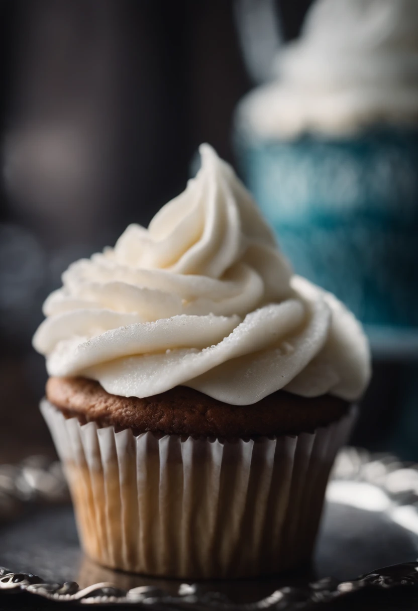 Capture a detail shot of a perfectly frosted cupcake, showcasing the intricate piping work and decorative elements that make it a visually appealing and sweet snack