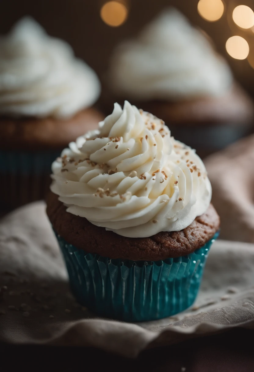 Capture a detail shot of a perfectly frosted cupcake, showcasing the intricate piping work and decorative elements that make it a visually appealing and sweet snack