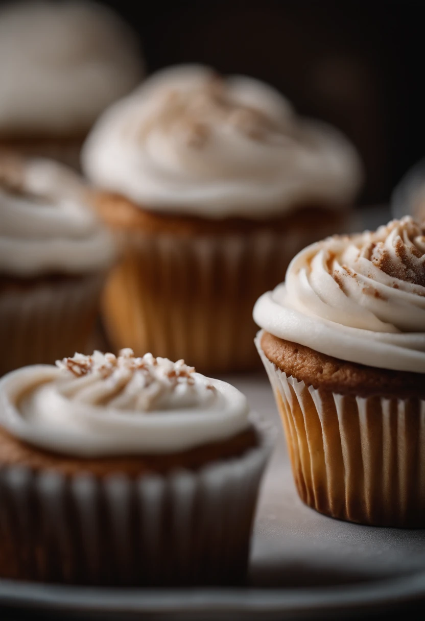 Capture a detail shot of a perfectly frosted cupcake, showcasing the intricate piping work and decorative elements that make it a visually appealing and sweet snack