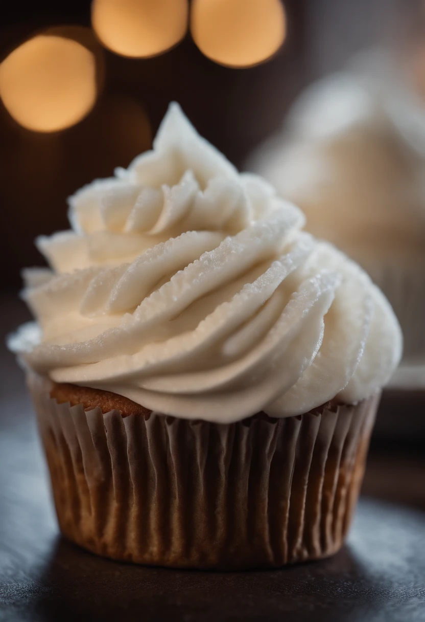 Capture a detail shot of a perfectly frosted cupcake, showcasing the intricate piping work and decorative elements that make it a visually appealing and sweet snack