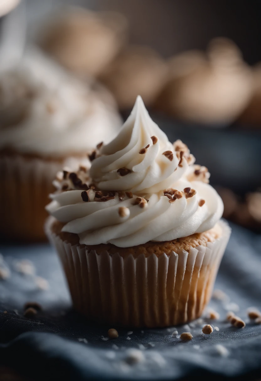 Capture a detail shot of a perfectly frosted cupcake, showcasing the intricate piping work and decorative elements that make it a visually appealing and sweet snack