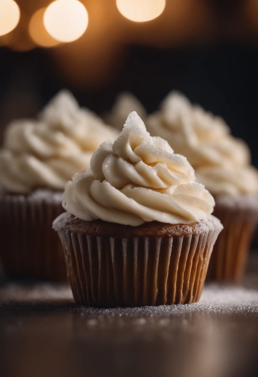 Capture a detail shot of a perfectly frosted cupcake, showcasing the intricate piping work and decorative elements that make it a visually appealing and sweet snack