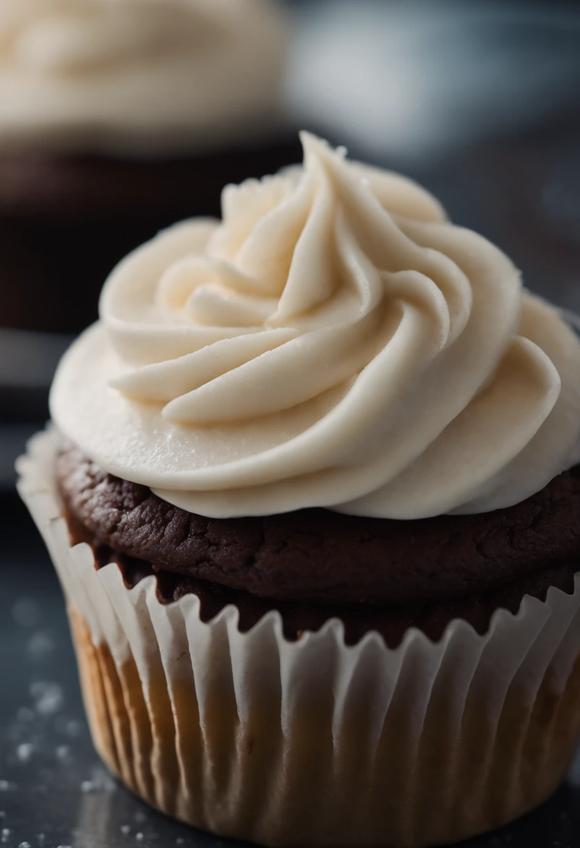 Capture a detail shot of a perfectly frosted cupcake, showcasing the intricate piping work and decorative elements that make it a visually appealing and sweet snack